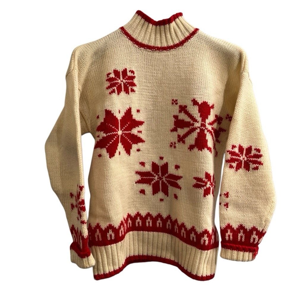 Vintage Field Gear Sweater Womens M Red Snowflake 100% Wool Mock Neck Holiday